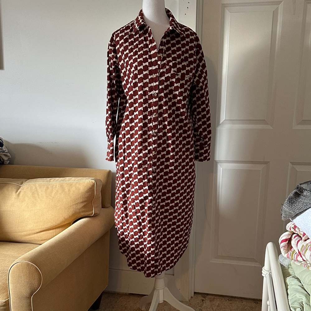 Anthropologie Petite Brown and White Long Sleeve Shirt Dress